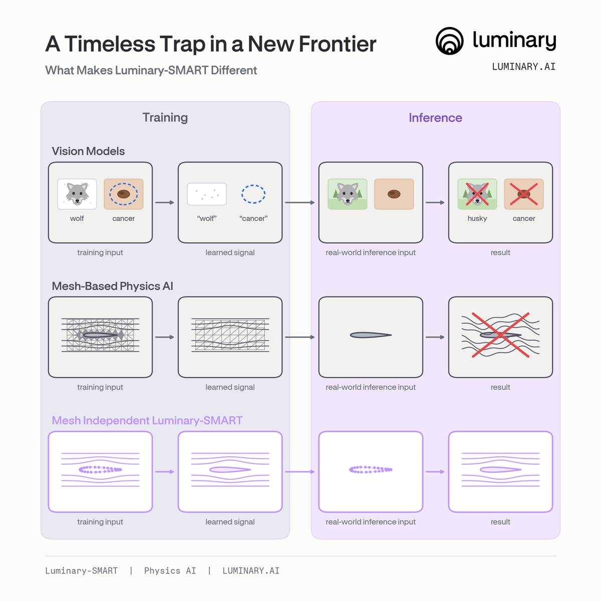 A Timeless Trap in a New Frontier: how vision models and mesh-based Physics AI both learn a shortcut in training that disappears at inference, and how mesh-independent Luminary-SMART does not