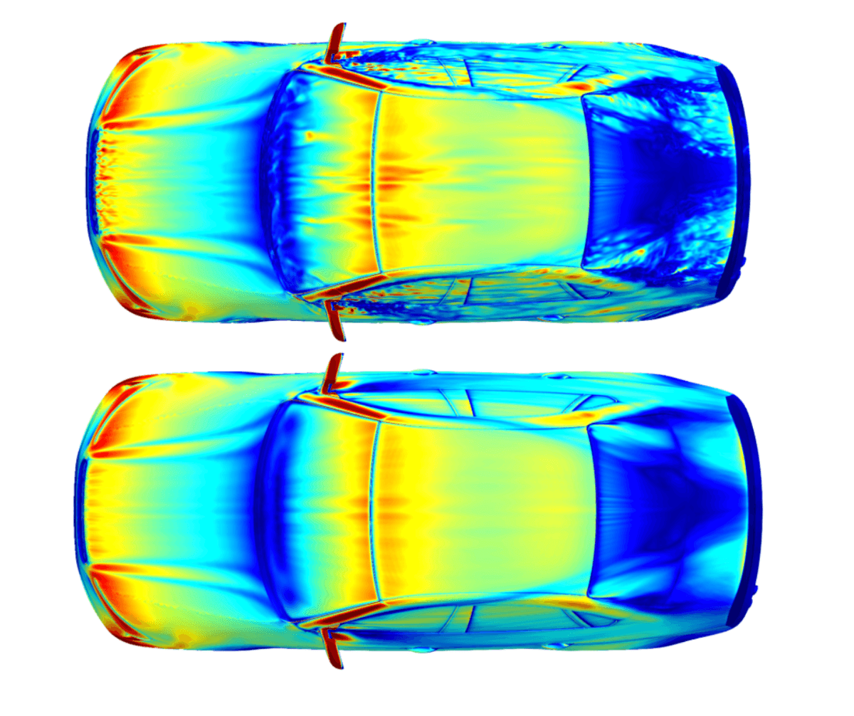 Figure 7. Wall Shear Stress - Instantaneous (upper), Average (lower). Range 0-6 N/m2.