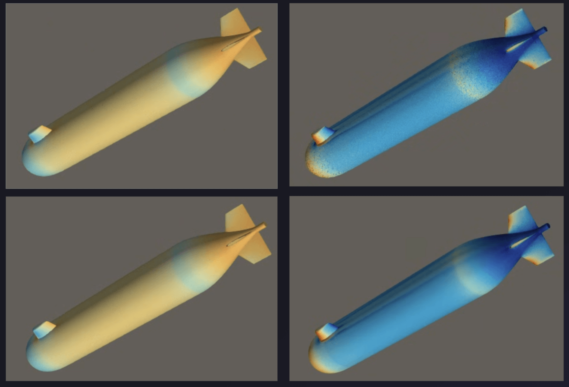 Figure 6: Iso-surface visualization showing sail-induced vortex structure and downstream wake, with geometry-dependent shifts accurately captured by inference.
