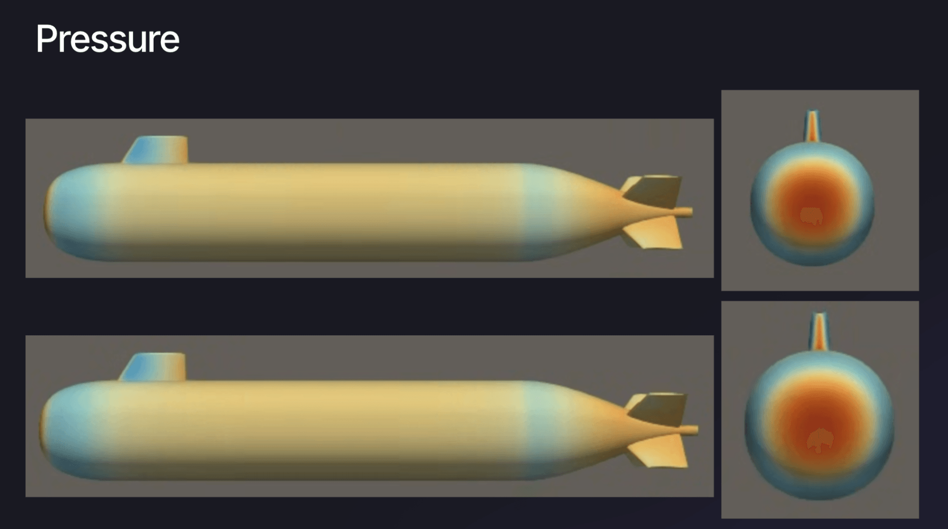 Figure 7: Pressure surface shear stress distributions highlighting flow behavior approaching the propulsor mounting region.