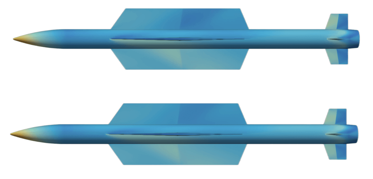 Pressure comparison showing the model captures complex flow patterns around control surfaces