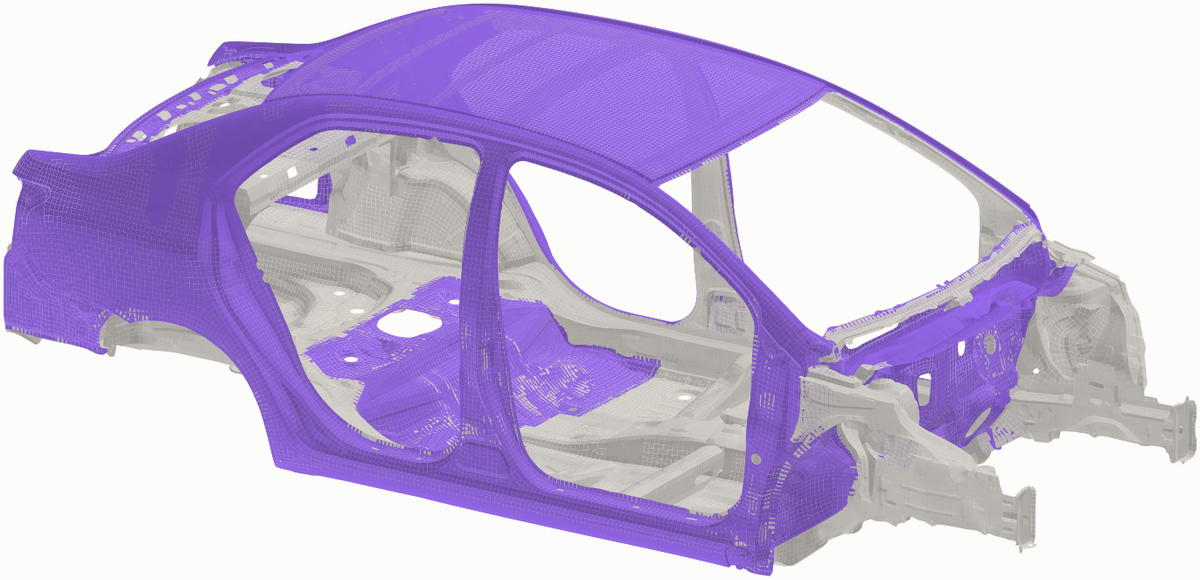 The 2010 Toyota Yaris body-in-white, with the 15 parts whose gauge varies in the design study shown in purple, including the side panels, roof, firewall tray and rear floor.