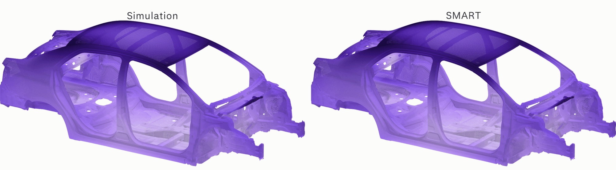 RMS acceleration on the body for an unseen aluminium design at 50 km/h, from simulation on the left and from SMART on the right, on the same color scale.